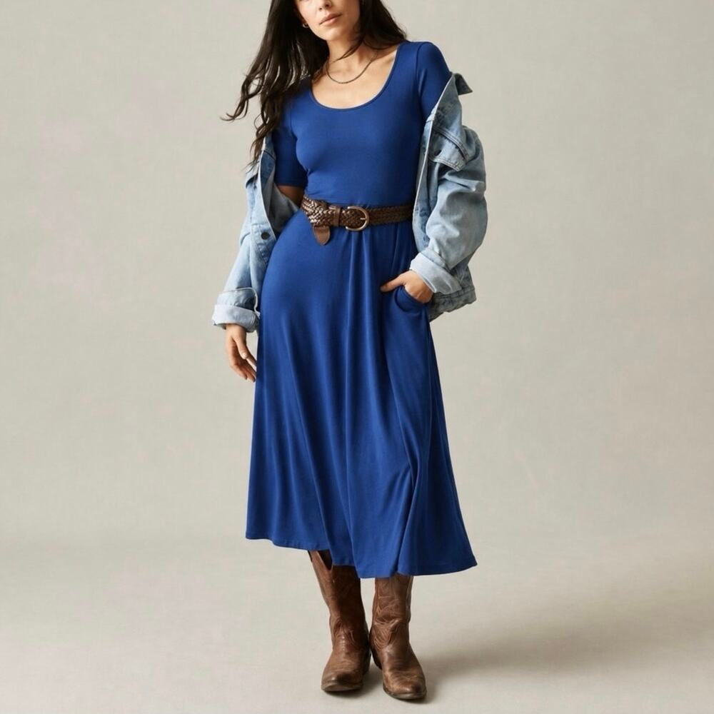 NWOT American Giant Women's Short Sleeve Flex Dress In Estate Blue Size Medium